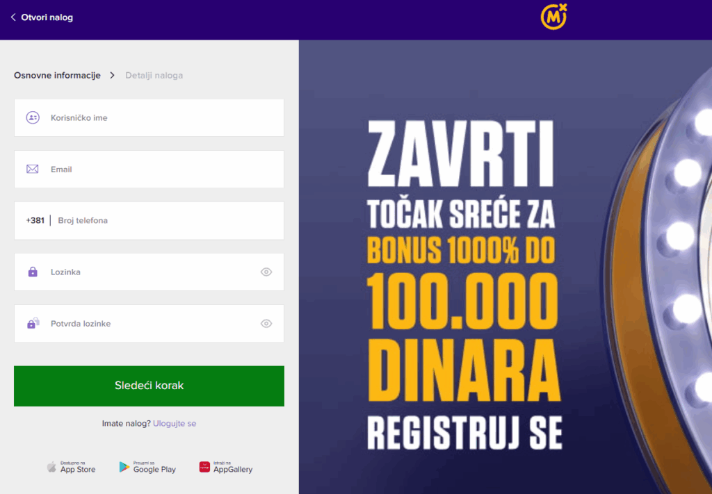 Otvori nalog U Mozzart casino